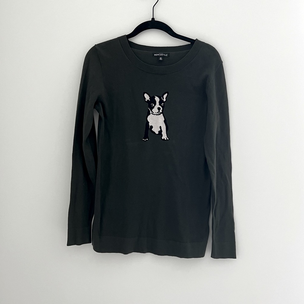 Jcrew forest green long sleeve with cute graphic of dog sweater XS